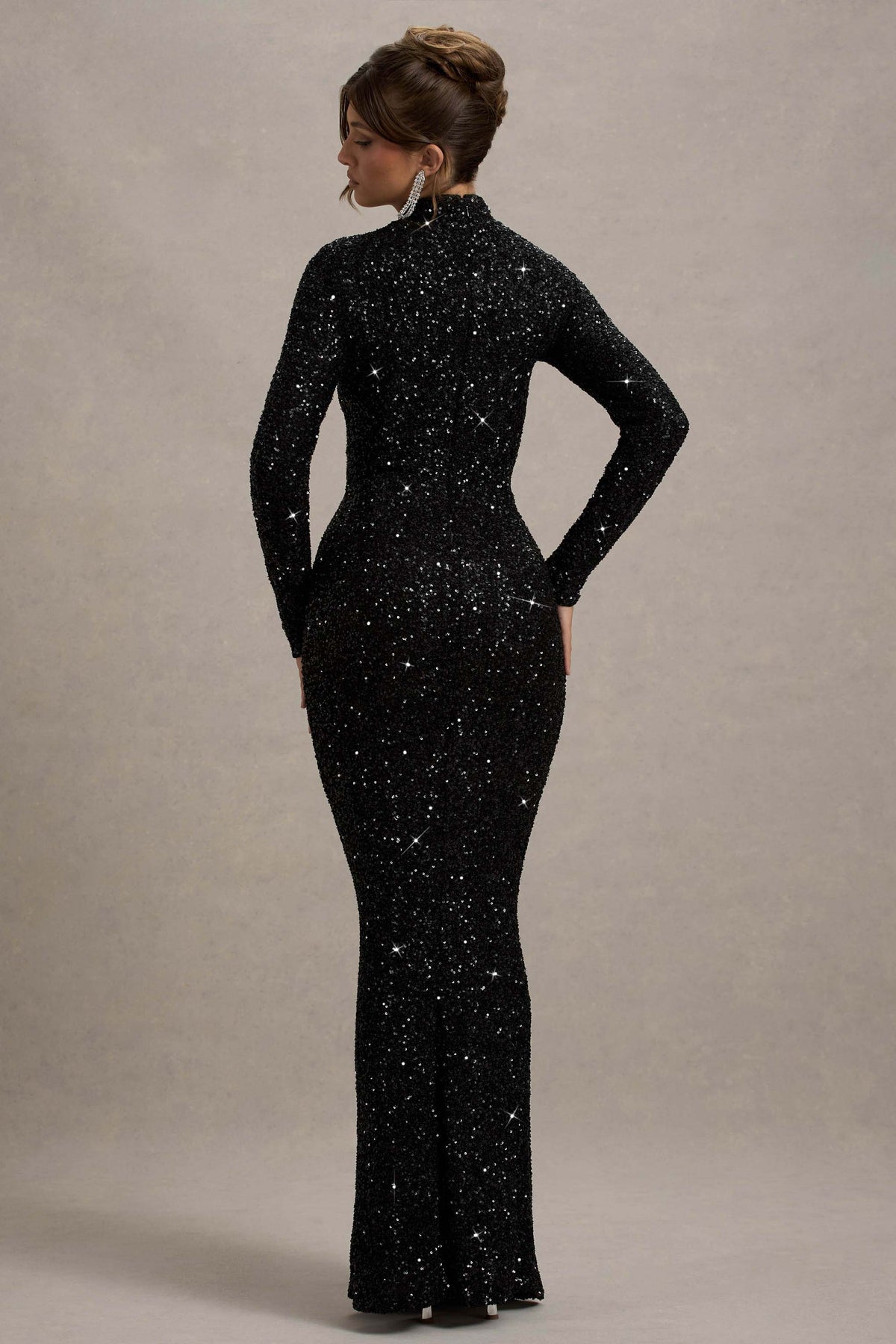 Galaxy | Black Sequin Turtle-Neck Long-Sleeve Maxi Dress