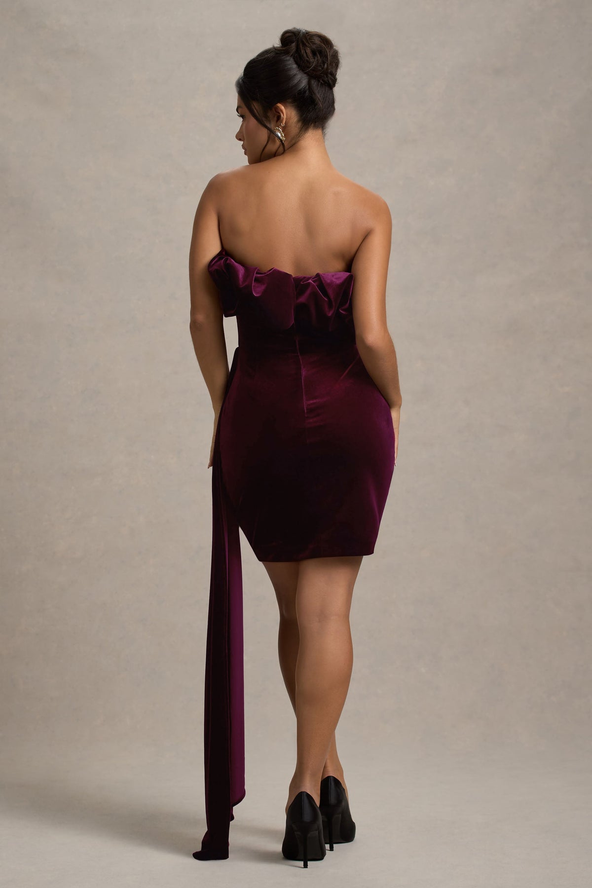 Ceronne | Plum Velvet Bandeau Mini Dress With Drape