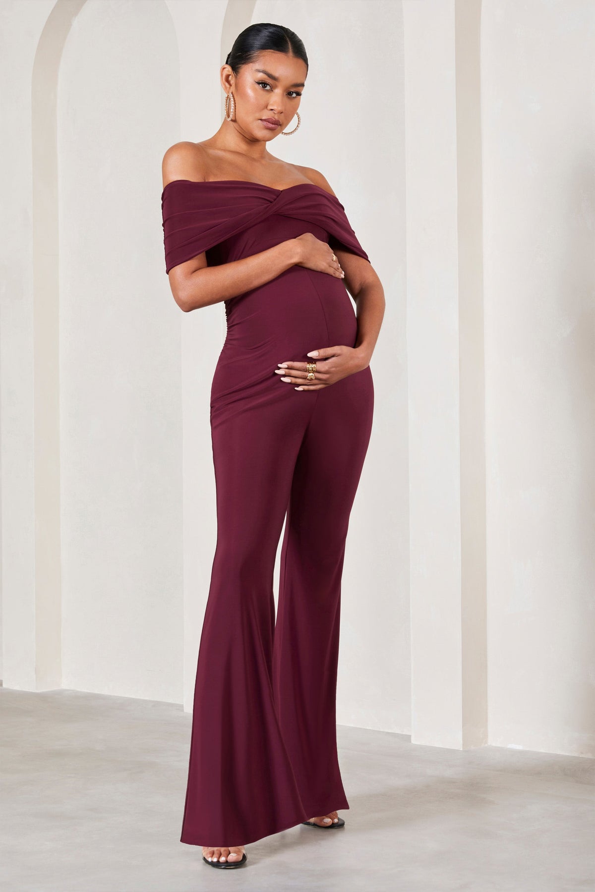 Elisa Burgundy Bardot Flared Leg Maternity Jumpsuit Club L