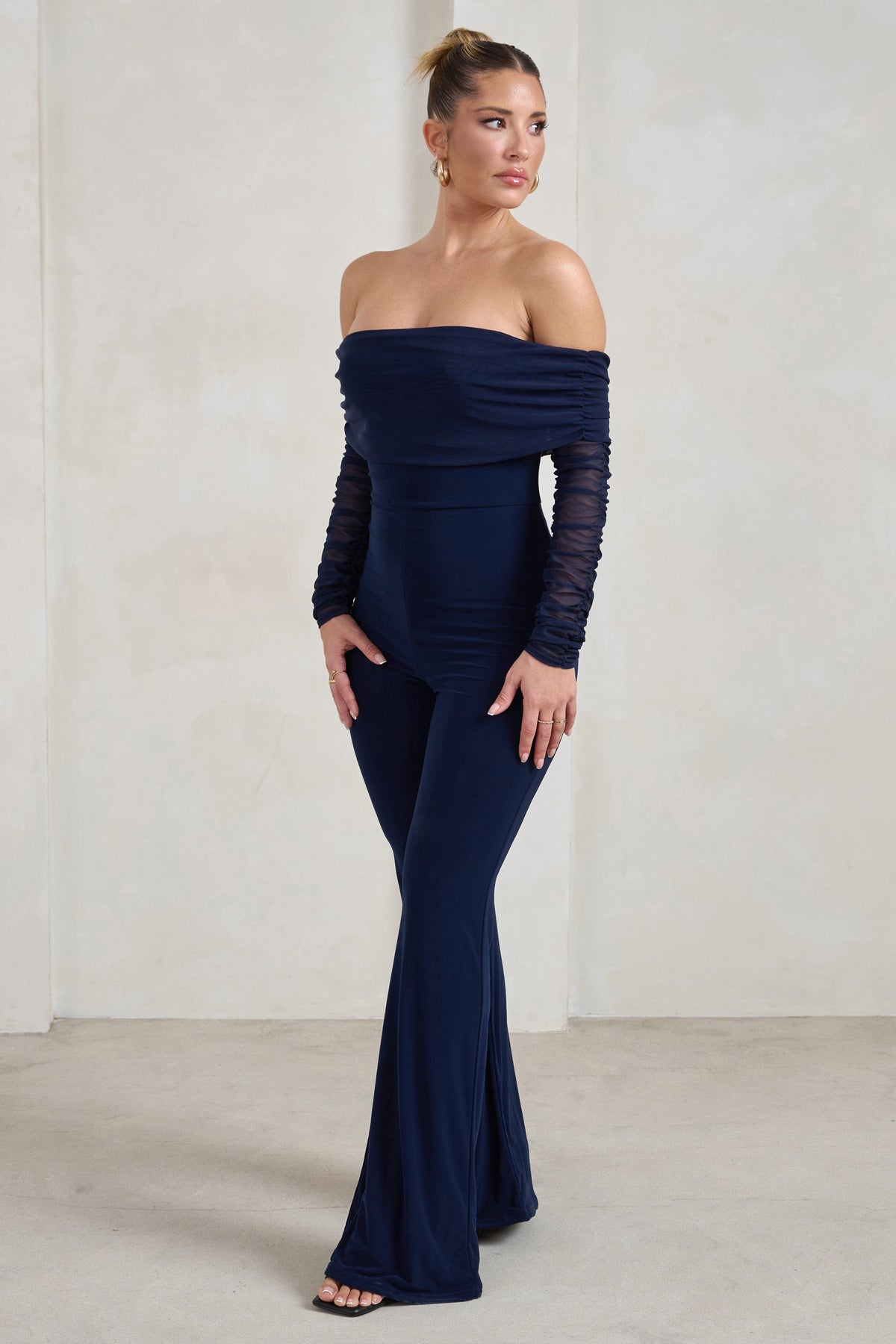 Whisper | Navy Ruched Mesh Bardot Jumpsuit