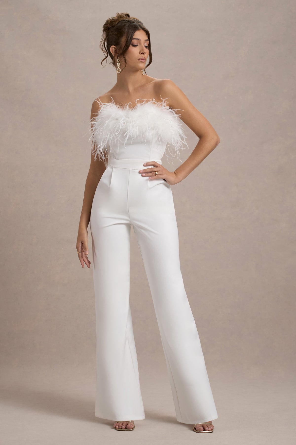 First Class White Bandeau Feather Wide Leg Jumpsuit Club L London IRE