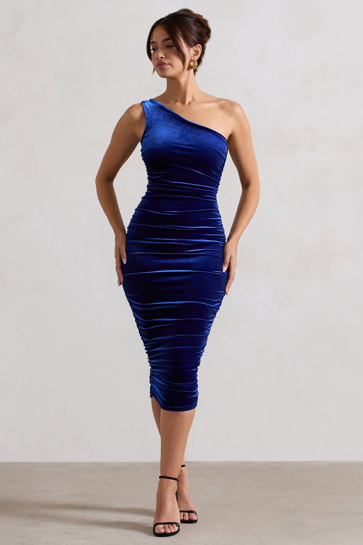 Back For More Cobalt Blue One Shoulder Ruched Midi Dress Club L London IRE