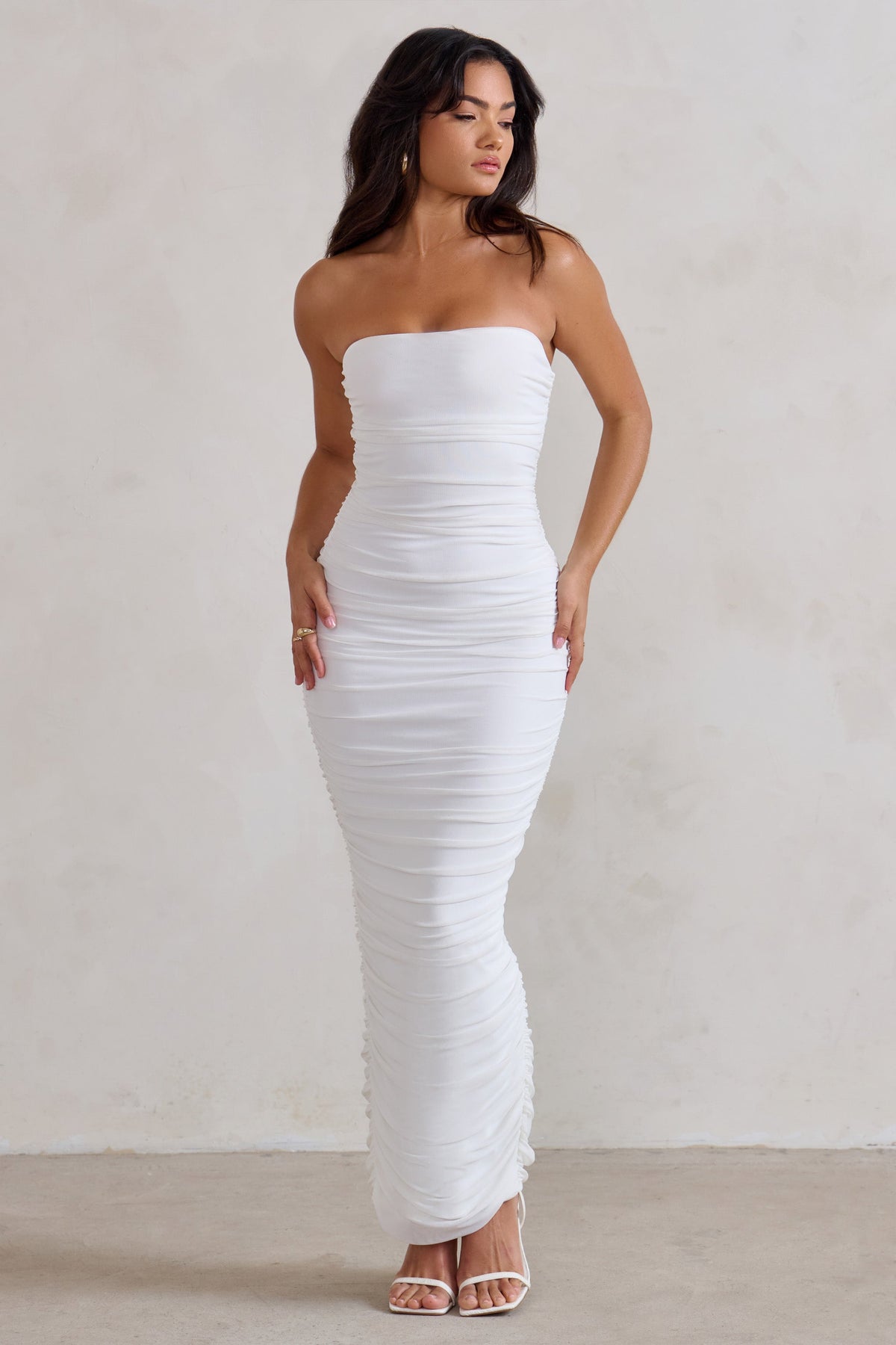 My Lady White Strapless Bodycon Ruched Mesh Maxi Dress – Club L London - IRE