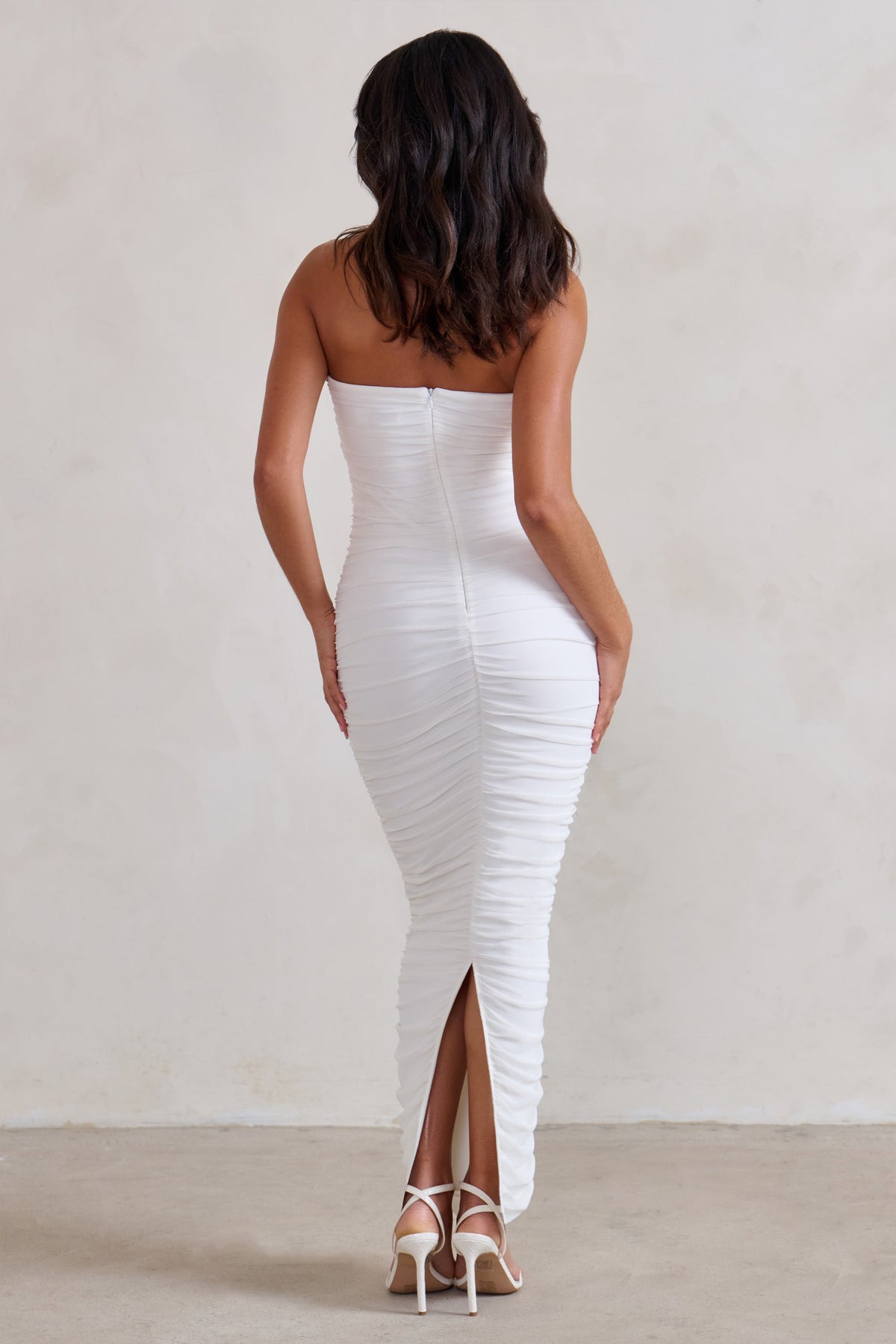 My Lady White Strapless Bodycon Ruched Mesh Maxi Dress – Club L London - IRE