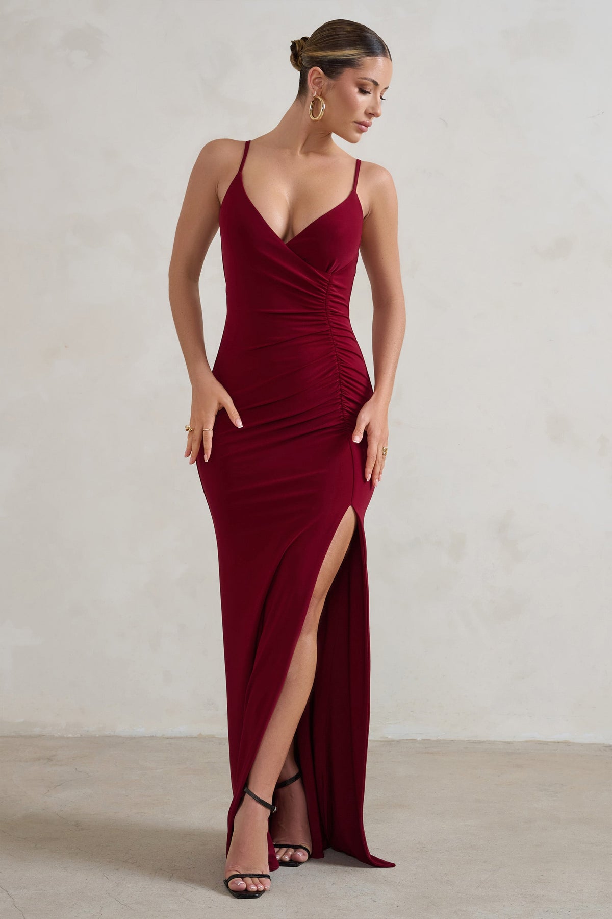 Jeanne Berry Red Plunge Ruched Cami Maxi Dress With Split Club L London IRE
