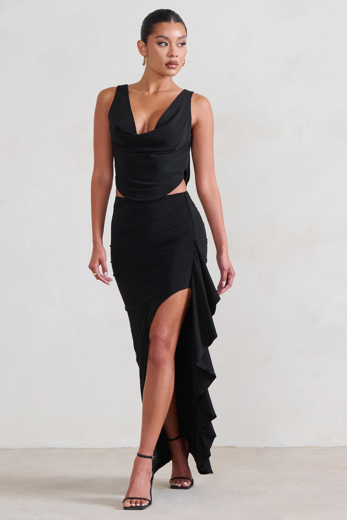 La Belle Black Ruffle Maxi Skirt With Thigh Split – Club L