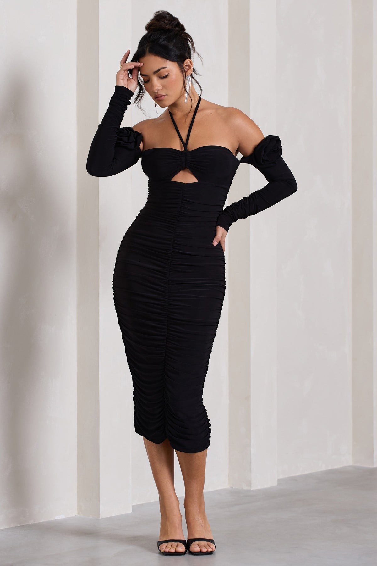 WB_HR_CL128945002-ExtraSpecialBlackRuchedHalter-NeckMidiDressWithFlowers1