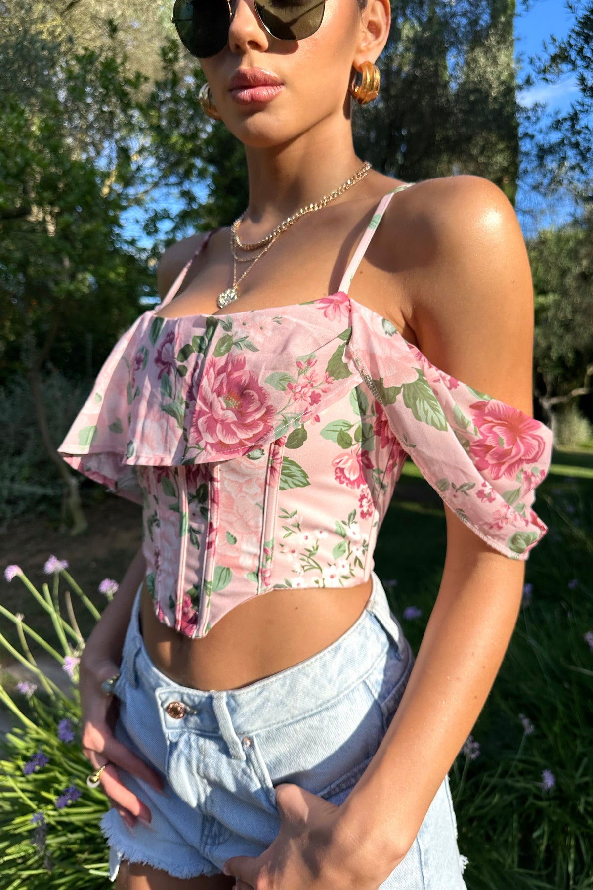 Lost In Your Love | Pink Floral Print Asymmetric Corset Top With Draped Chiffon Sleeve
