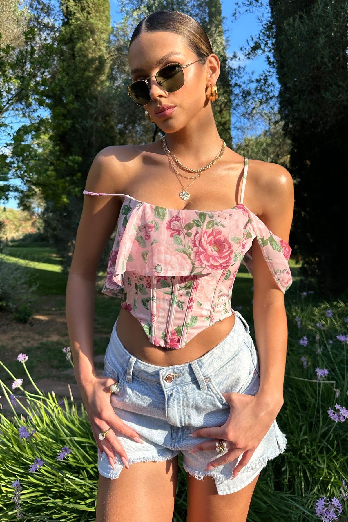 Lost In Your Love | Pink Floral Print Asymmetric Corset Top With Draped Chiffon Sleeve