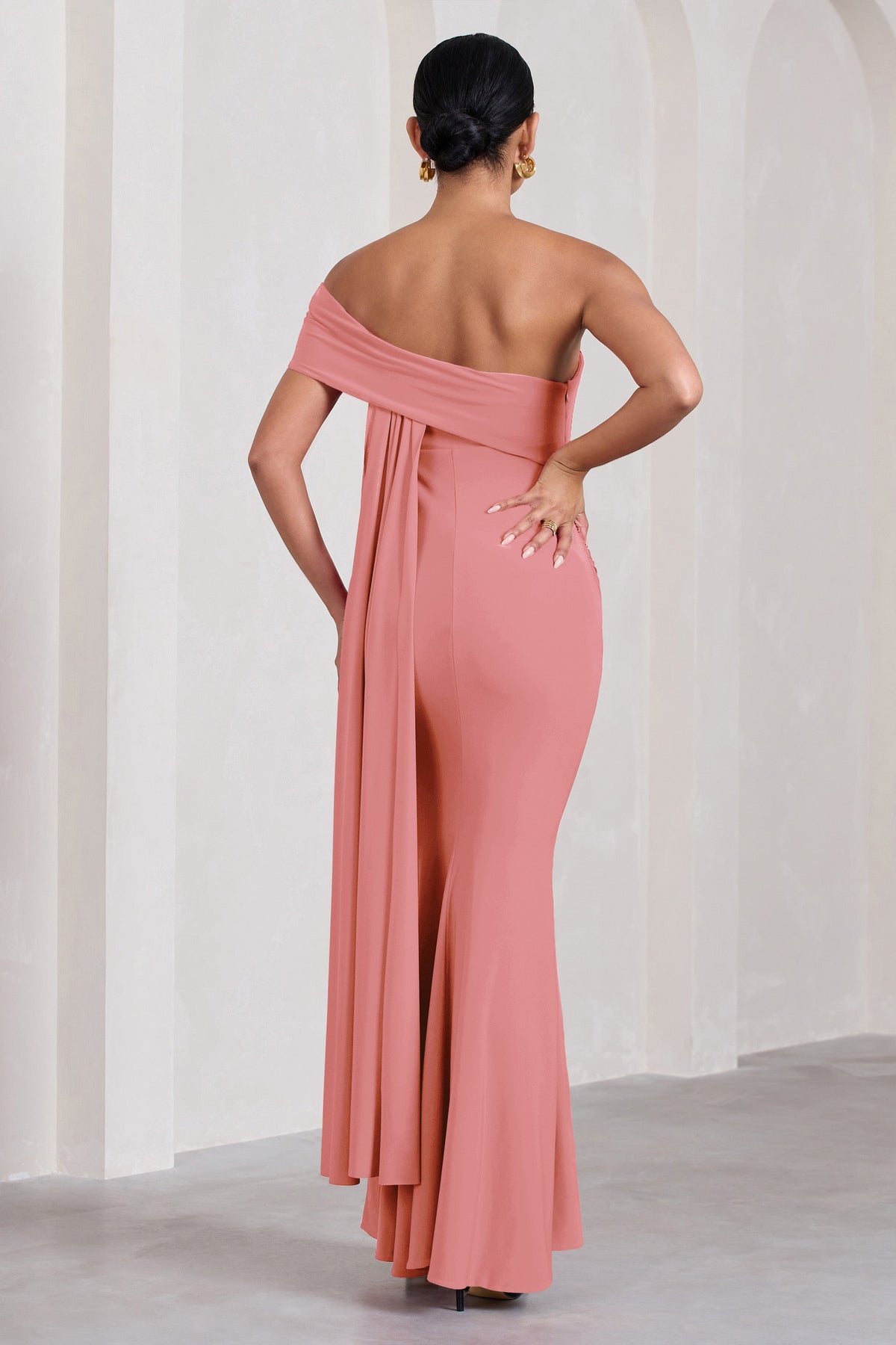 Real Love | Blush pink Bardot Split Maternity Maxi Dress With Drape Detail