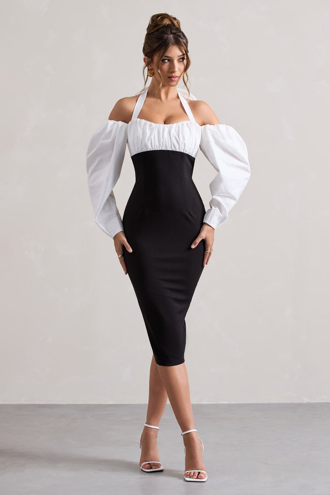 パーティードレス Faille Halter Neck Puff Sleeve Midi Dress WB_HR_CL132236002-