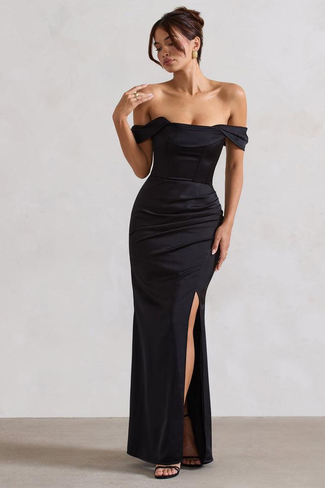 Club L Black Ruched Bardot Dress Kimberly Black Bardot Satin Maxi