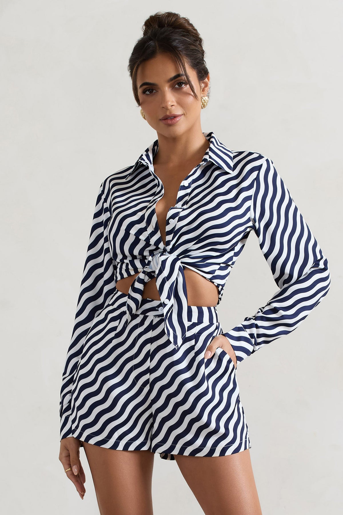 Ryder | Navy Wave Print Satin Tie-Front Shirt