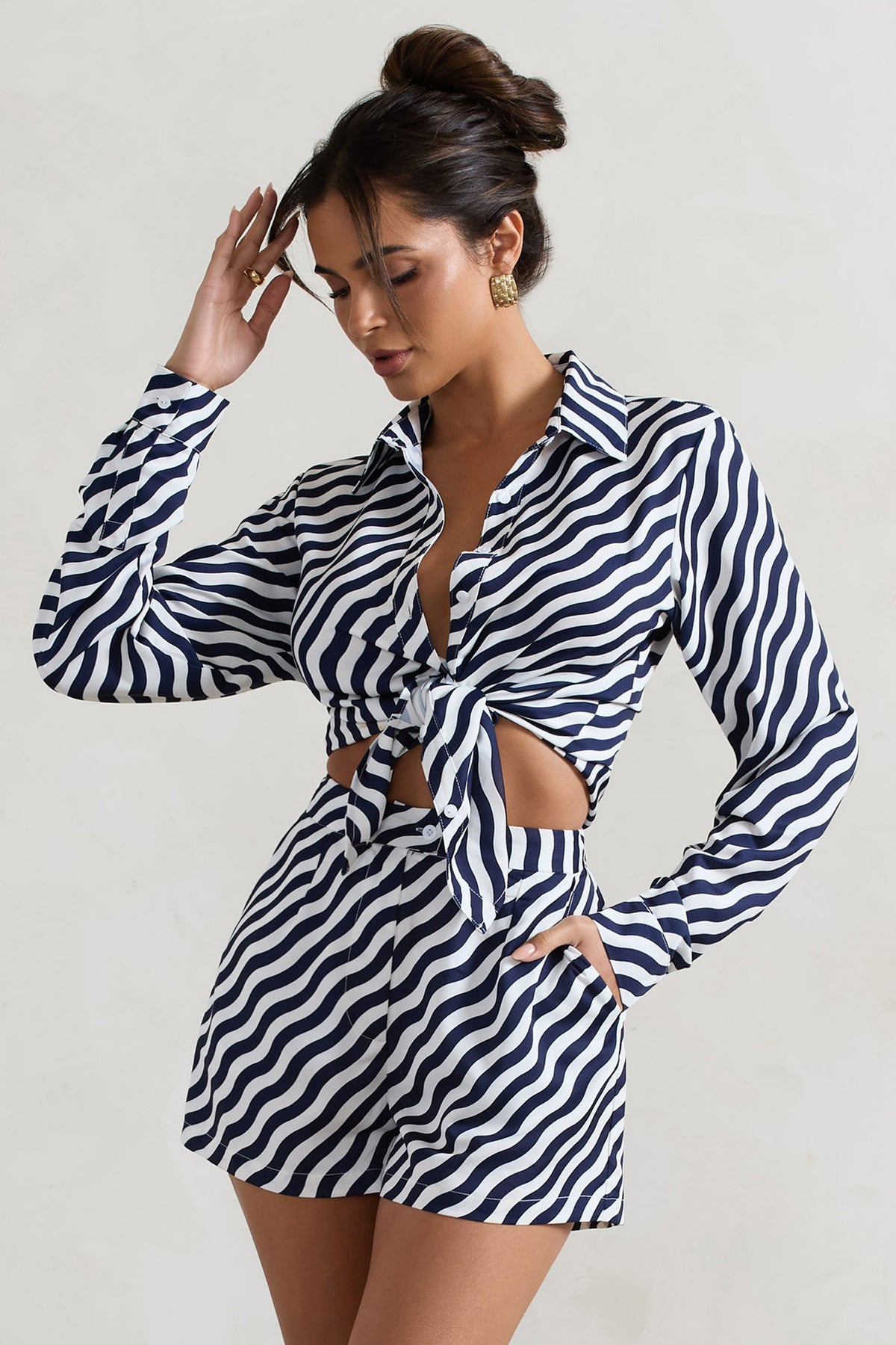 Ryder | Navy Wave Print Satin Tie-Front Shirt