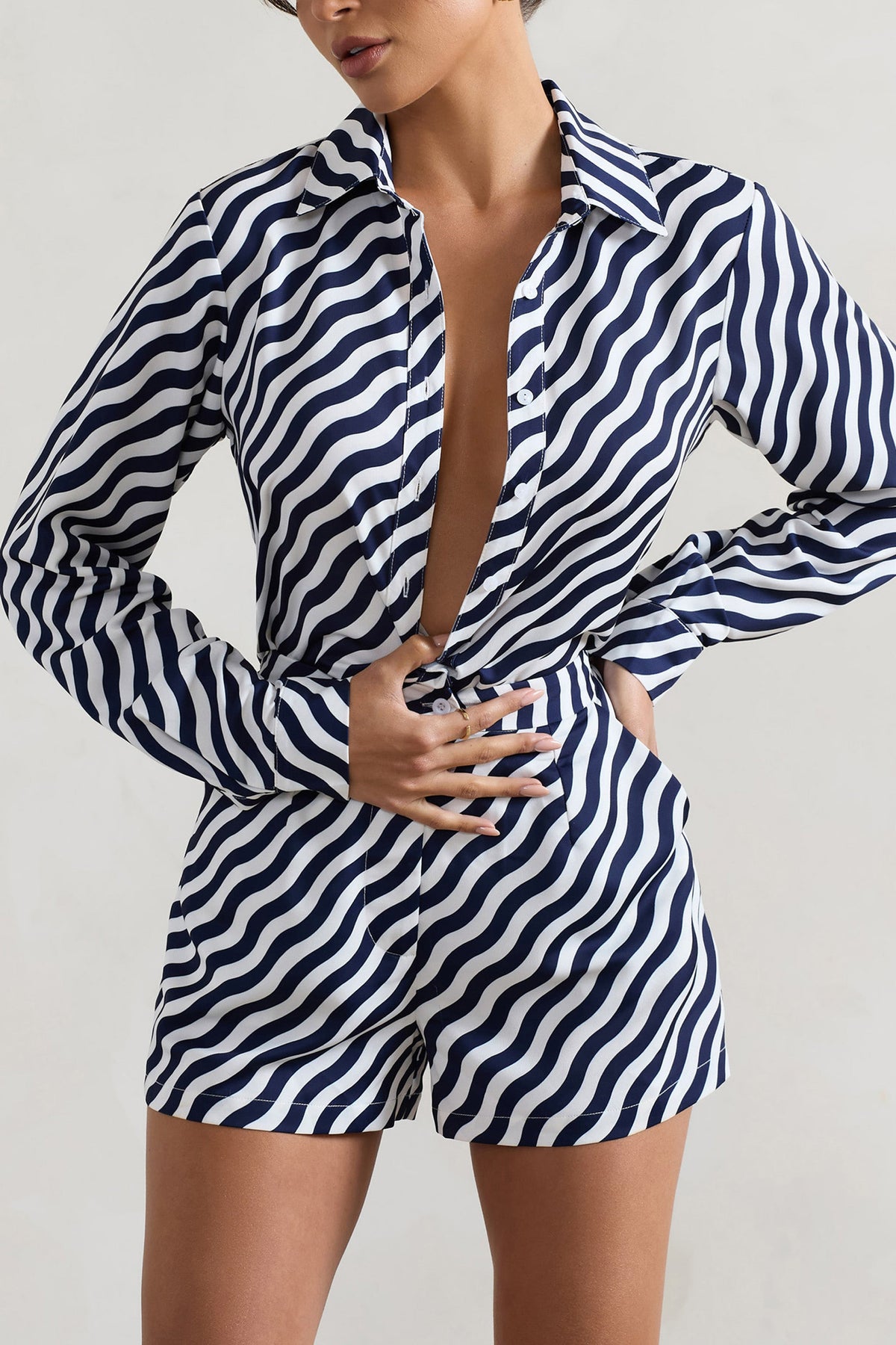 Ryder | Navy Wave Print Satin Tie-Front Shirt