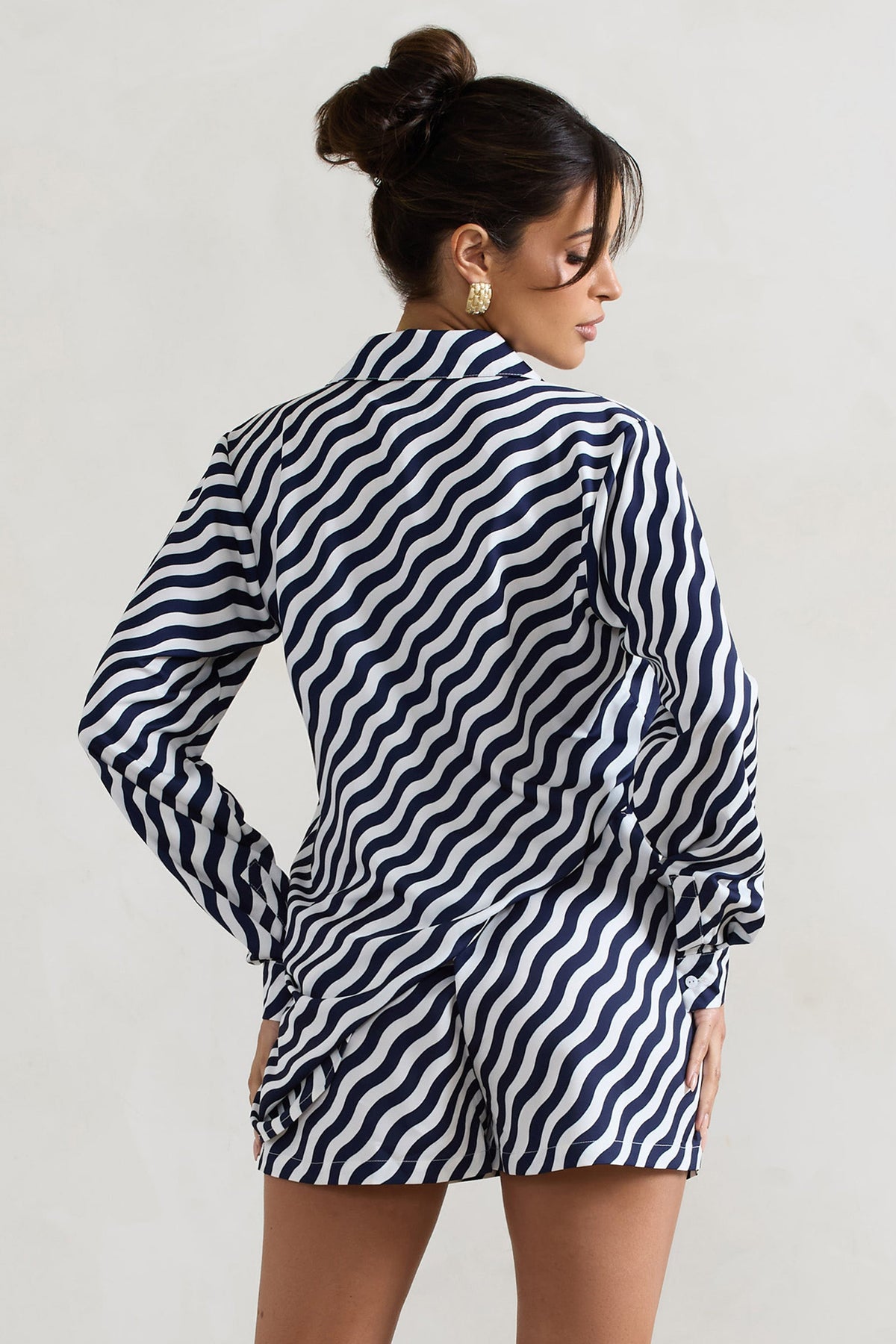 Ryder | Navy Wave Print Satin Tie-Front Shirt