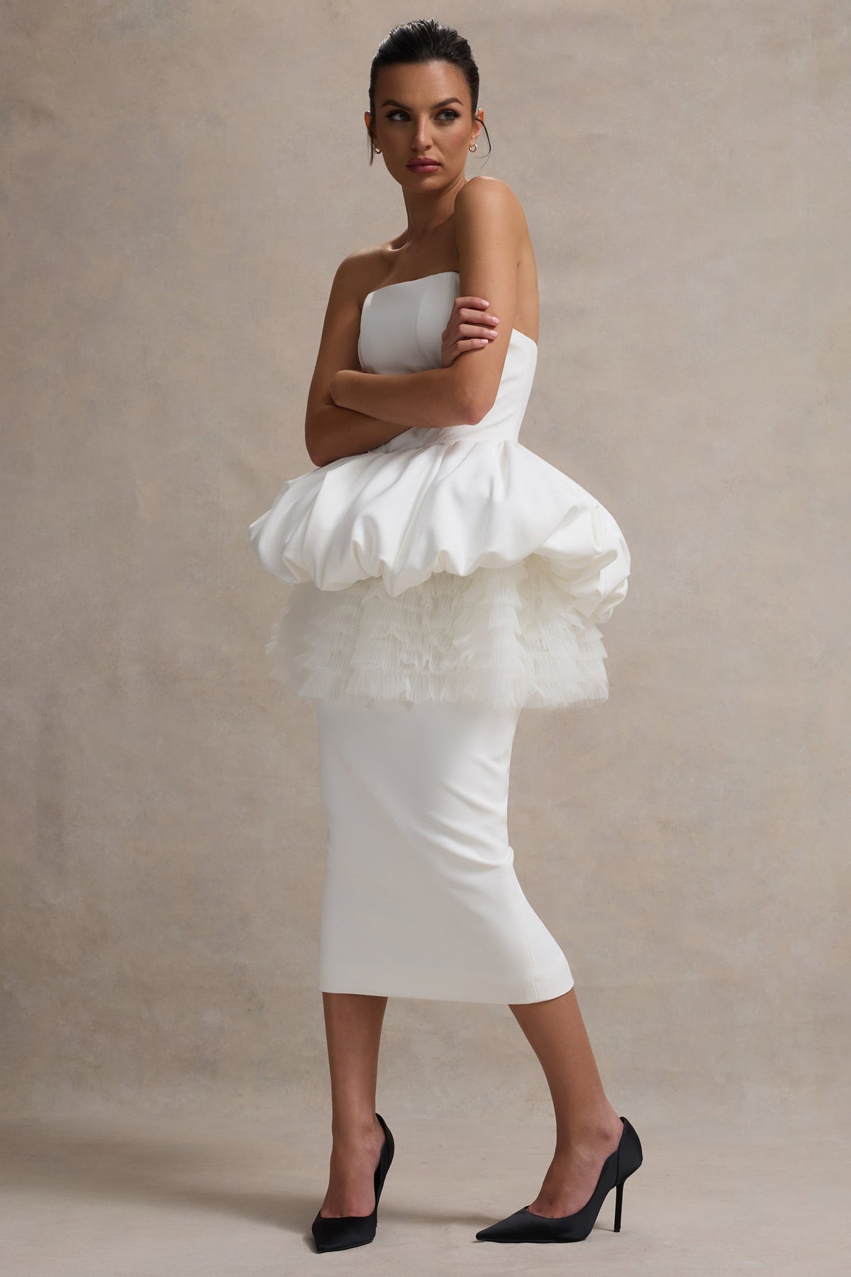 Jones | White Strapless Midi Dress With Tulle Peplum Waist