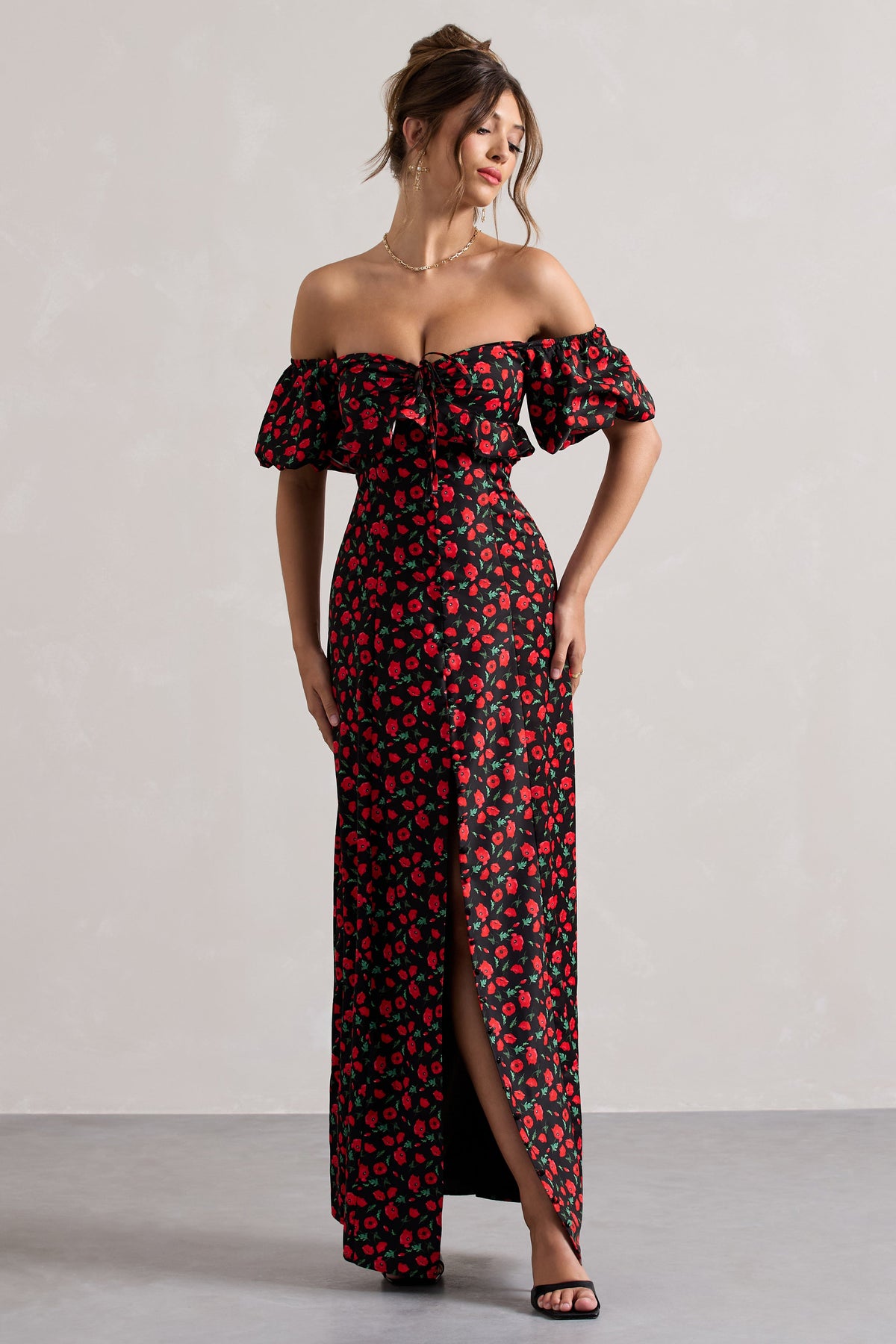 Lenna | Black & Red Floral Bardot Buttoned Split Maxi Dress