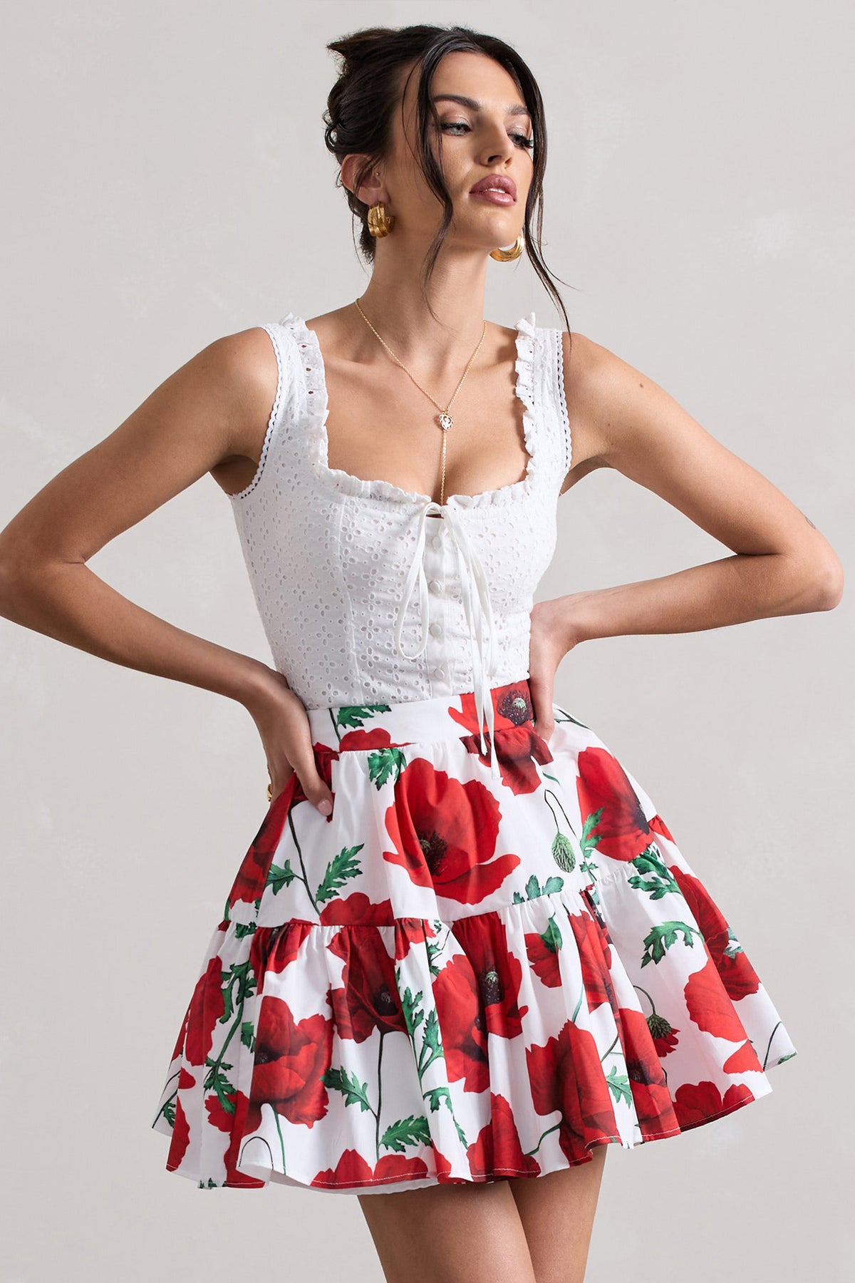 Lecce | White Broderie Buttoned Corset Style Top With Lace Detail