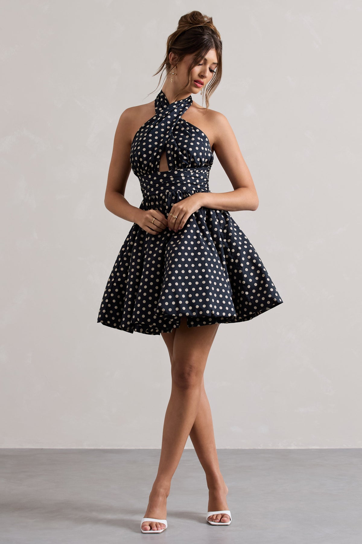 Levie | Navy Polka Dot Halter-Neck Mini Dress