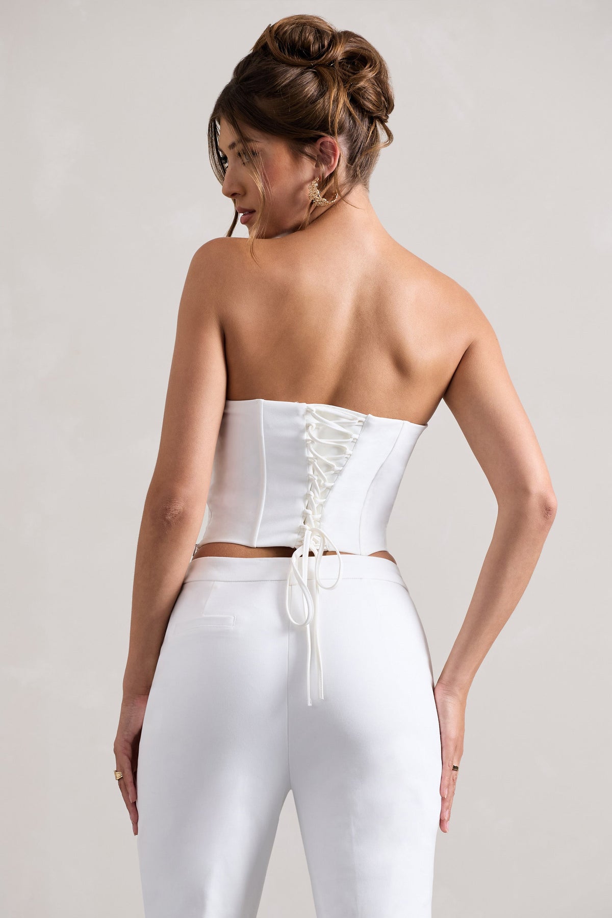 Aubriella White Strapless Lace Up Corset Top Club L London IRE