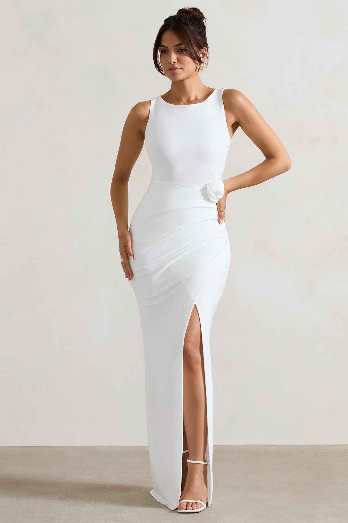 Lainey White Wrap Maxi Dress With Floral Corsage Club L London IRE