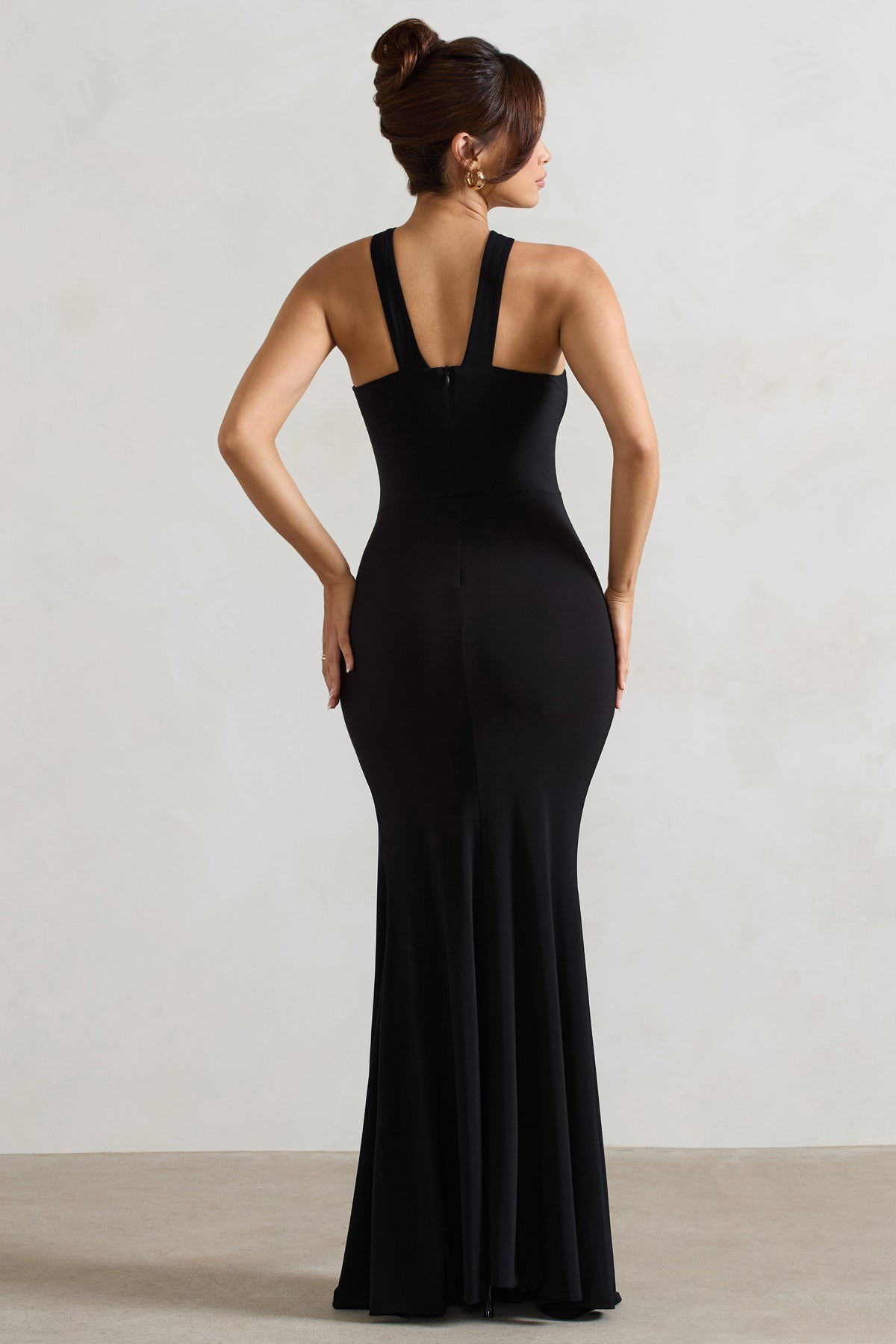 Jianna | Black Cross Over Halter-Neck Split Maxi Dress