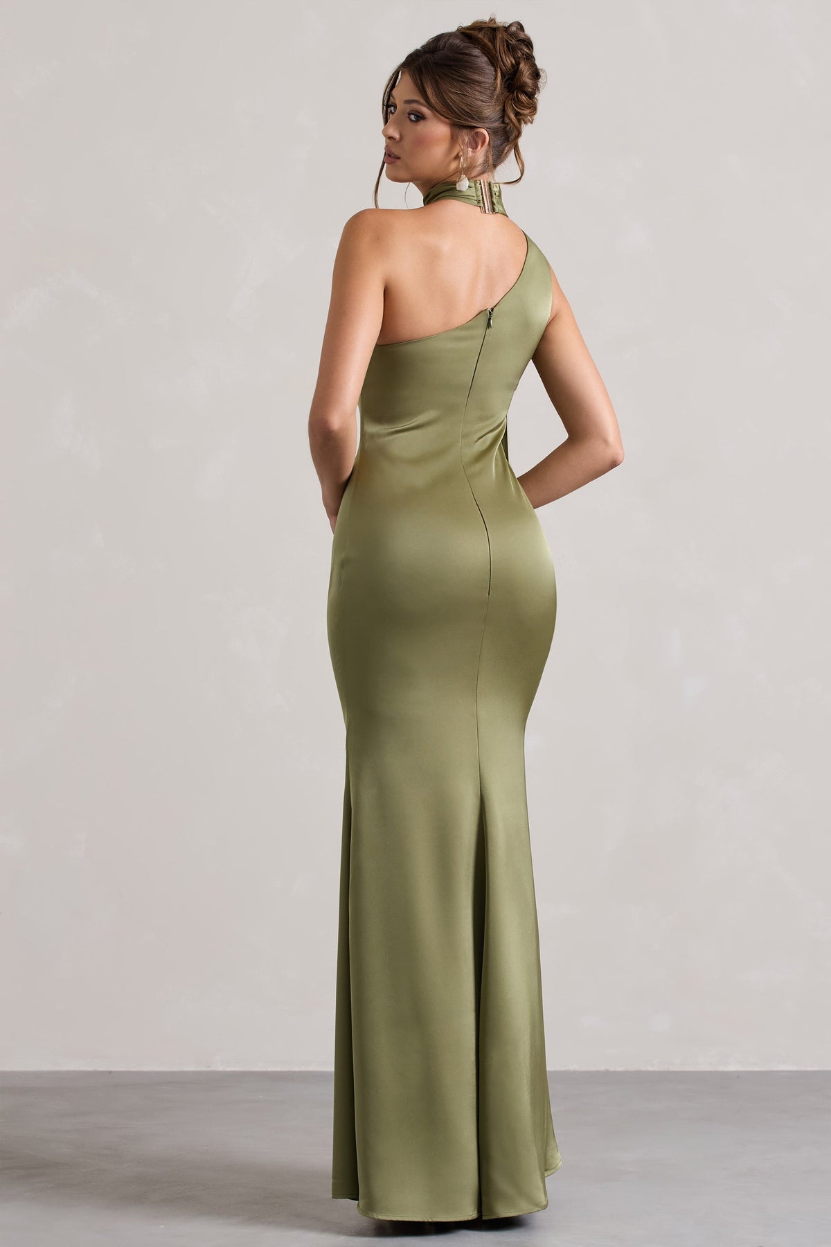 Sancia | Olive Satin Asymmetric Maxi Dress With Sash
