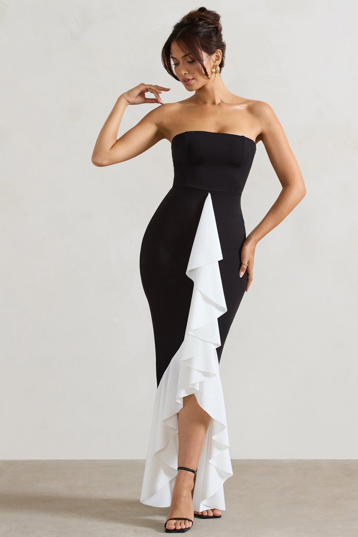 Carbonne | Black & White Bandeau Ruffled Maxi Dress