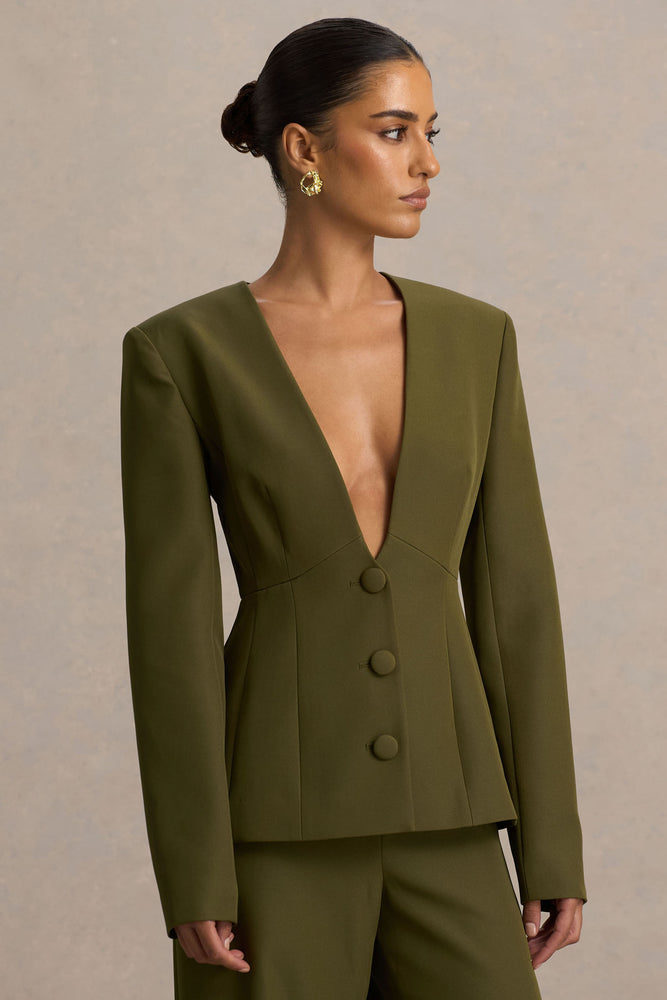 Rosalina Olive Extreme-Plunge Neck Tailored Blazer – Club L London