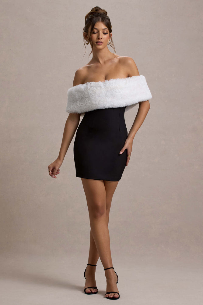 Little Luxe Black Bardot Mini Dress With White Fur Trim – Club L