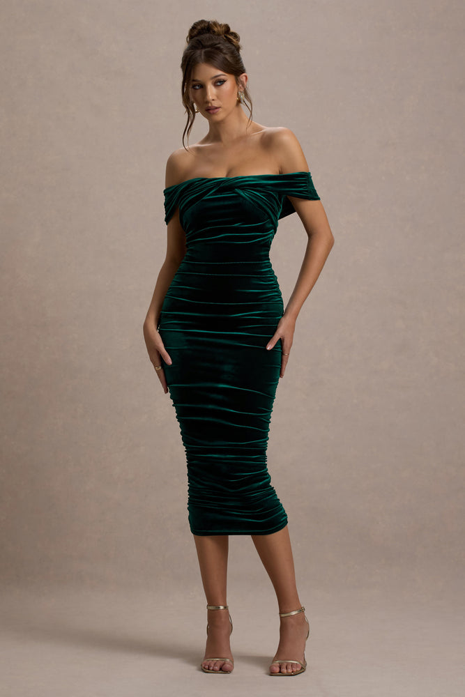 Gratitude Bottle Green Velvet Off The Shoulder Ruched Midi Dress Club L London IRE
