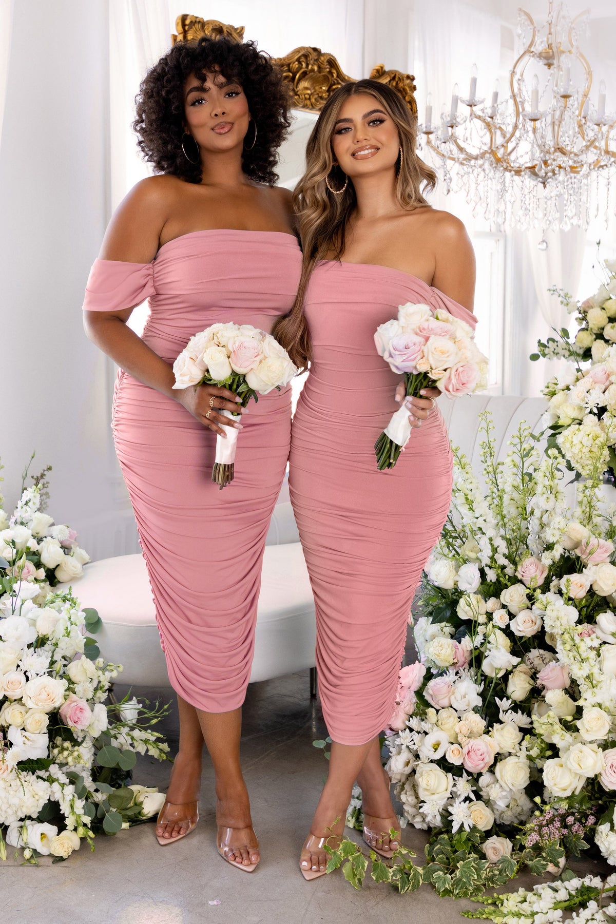 Lost For Words | Plus Nude Bardot Ruched Draped Midi Dress
