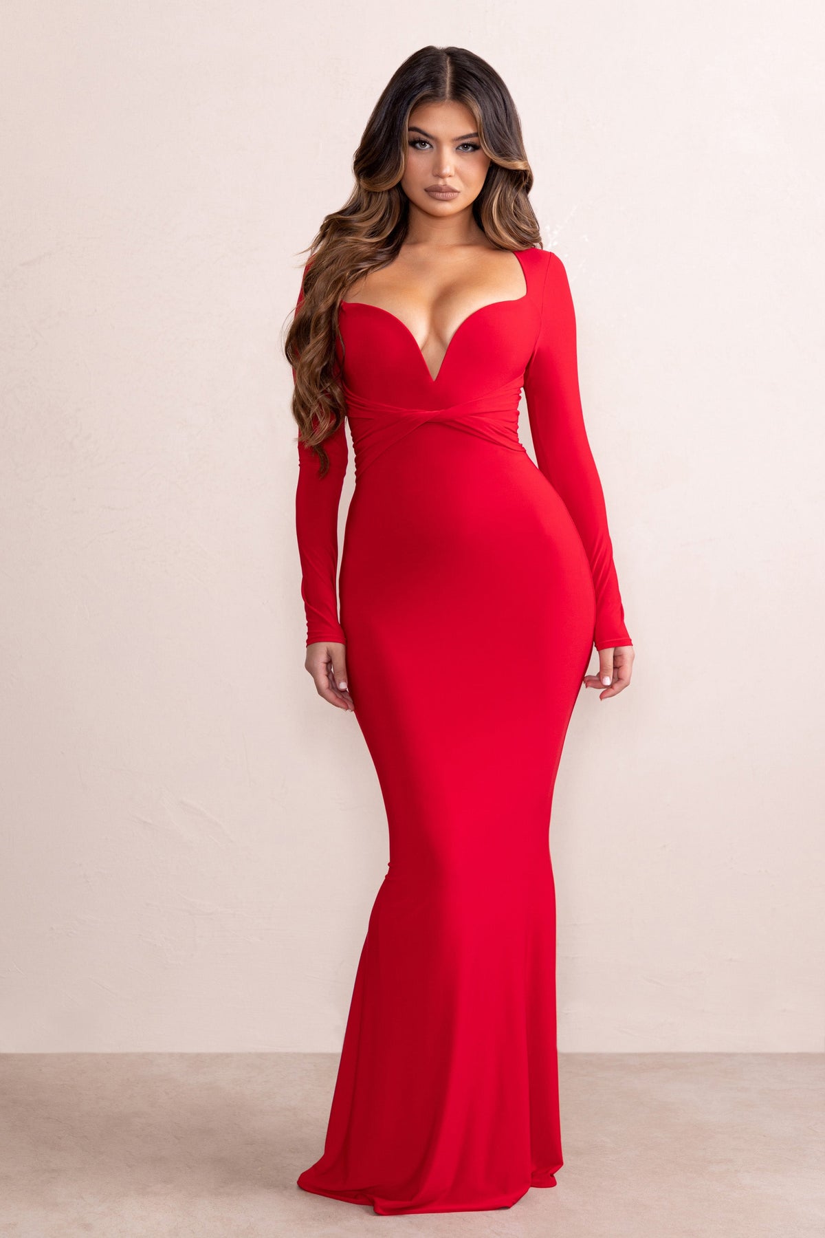 Leah Red Plunge Sweetheart Neckline Fishtail Maxi Dress With Twist F – Club  L London - IRE