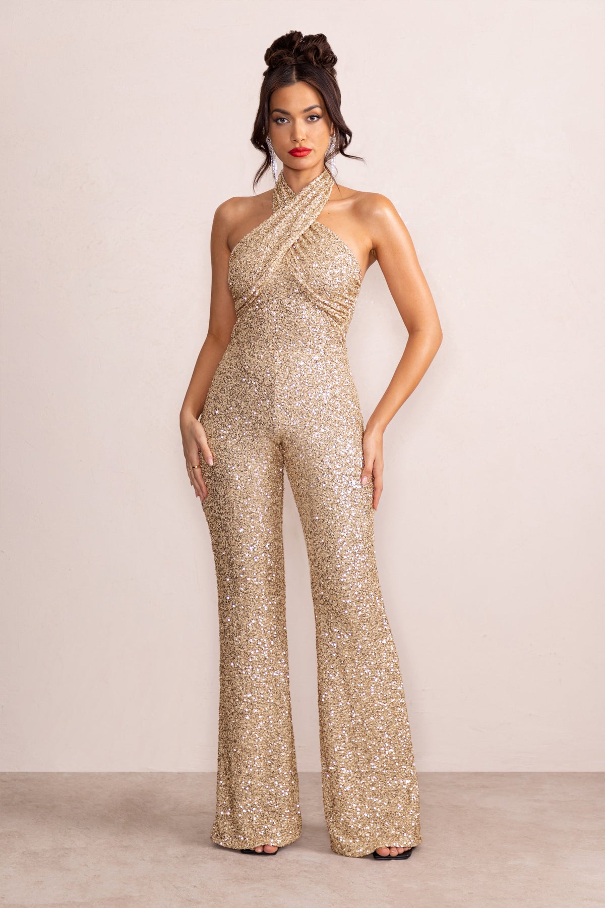 Josie | Champagne Sequin Halter Neck Flare Jumpsuit