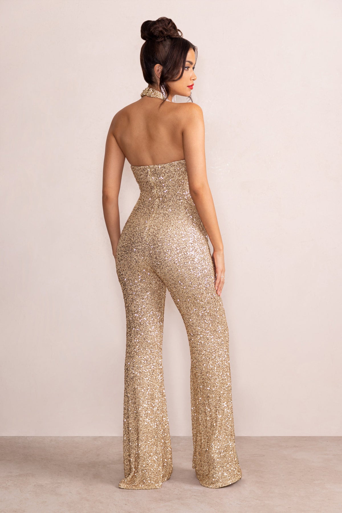 Josie | Champagne Sequin Halter Neck Flare Jumpsuit