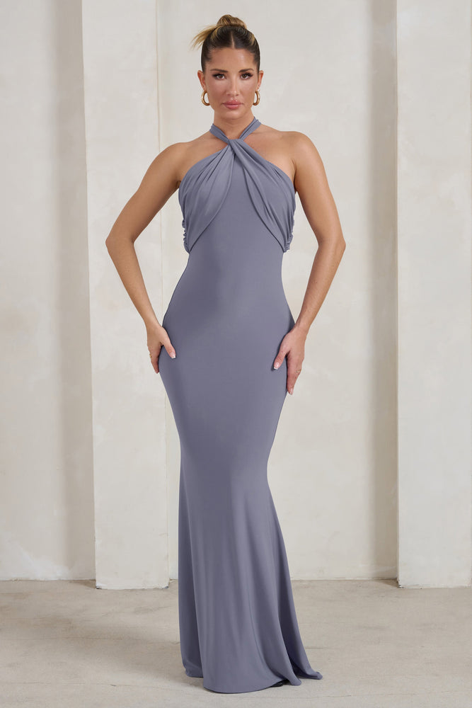 Grey chiffon high neck maxi dress shop