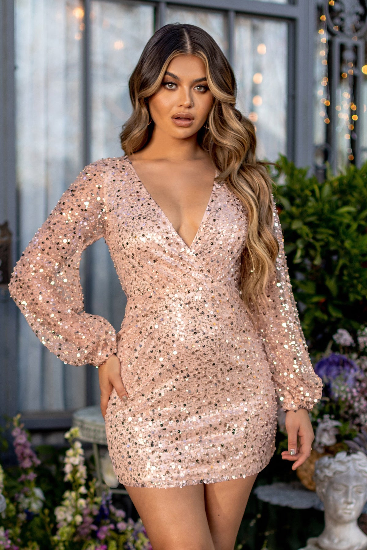 Bling Petite Rose Gold Sequin Wrap Front Mini With Blouson Sleeves