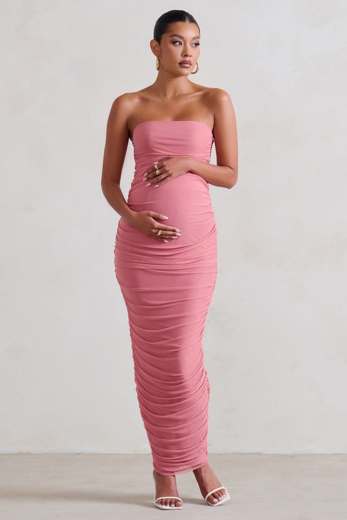 My Lady Maternity Blush Pink Strapless Bodycon Ruched Mesh Maxi Dres – Club  L London - IRE