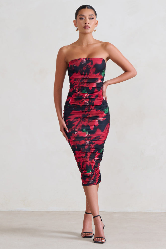 My Girl Black Red Floral Print Bandeau Bodycon Ruched Mesh Midi